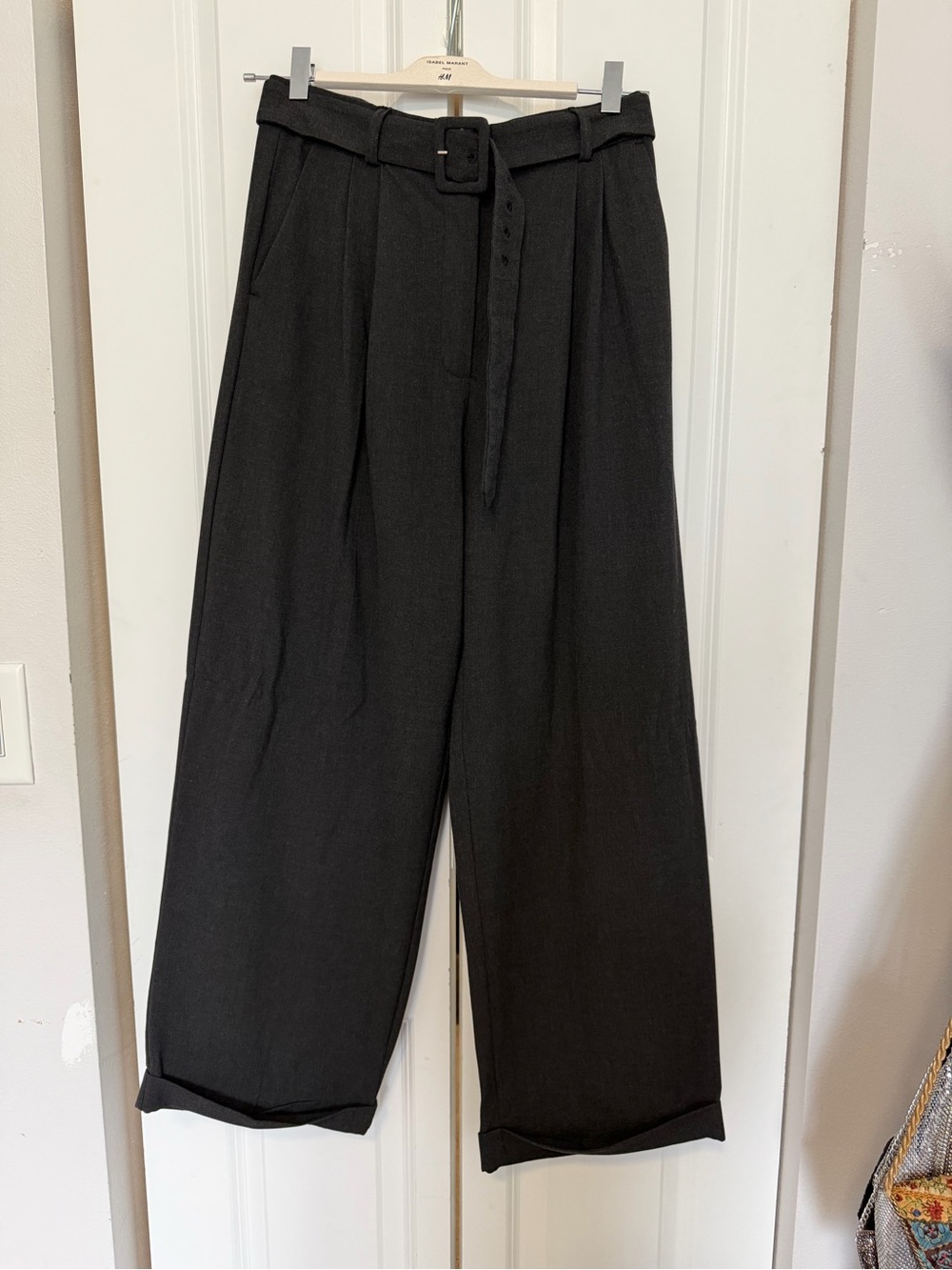 Mango High-Waist Charcoal Grey Wide-Leg Belted Pants
